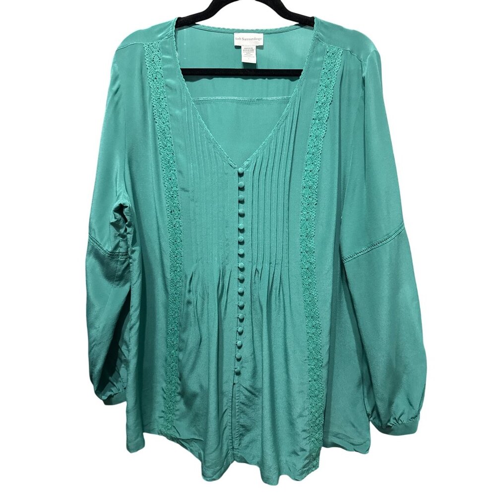 Soft Surroundings Size L Green Button-Down Top W/ Lace & Pintucks 100% Silk